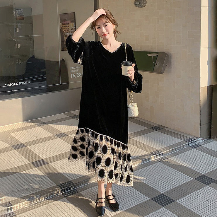 ワンピース】ブラック ベルベット 長袖ワンピース レディース A