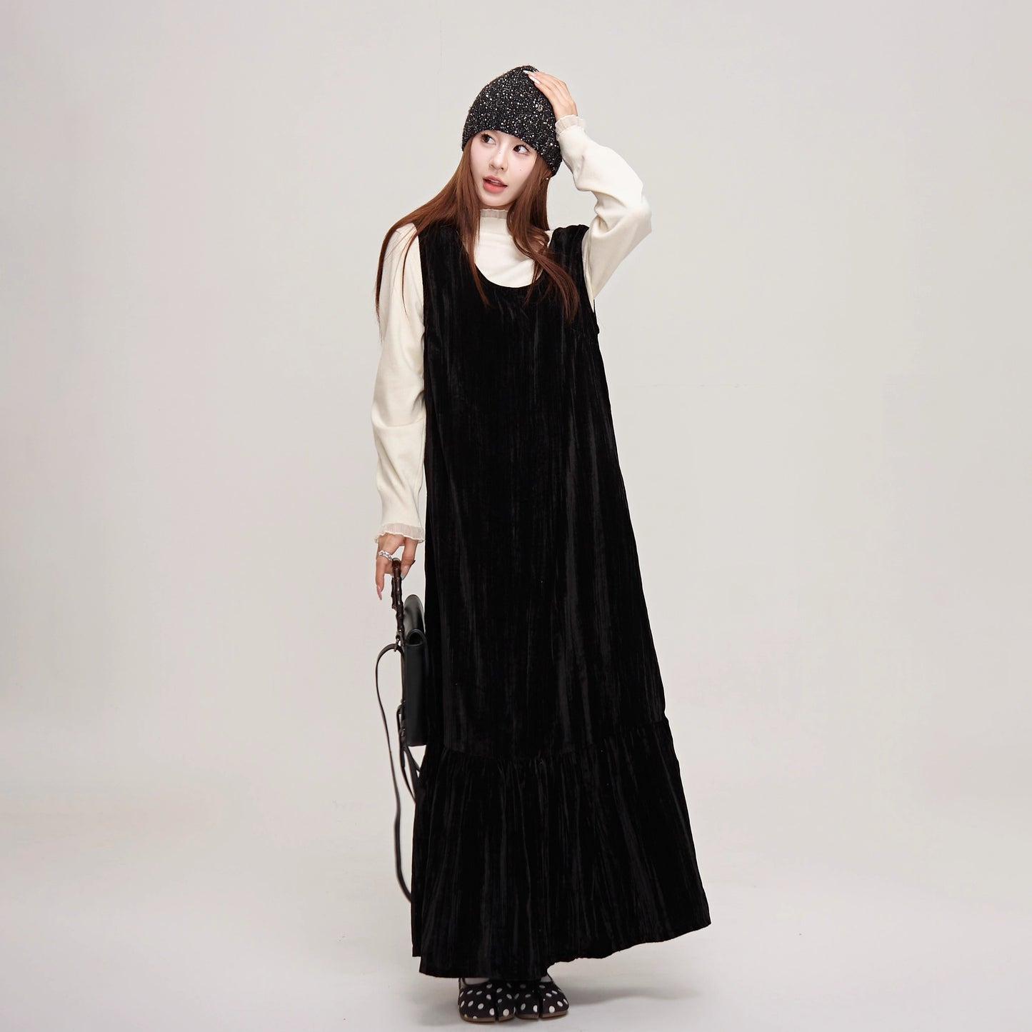 【ワンピース】上品＆高見え♡ブラックベルベット ノースリーブワンピース ロングベストワンピ  レディース 秋冬気品【JZシリーズ】