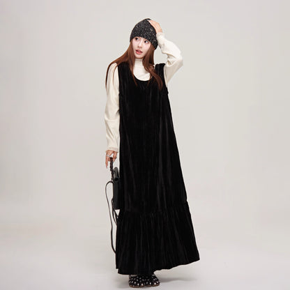 【ワンピース】上品＆高見え♡ブラックベルベット ノースリーブワンピース ロングベストワンピ  レディース 秋冬気品【JZシリーズ】