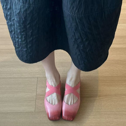 【シューズ】夏の新作  スクエアトゥ ギャザー加工  デイリーコーデにぴったり パンプス