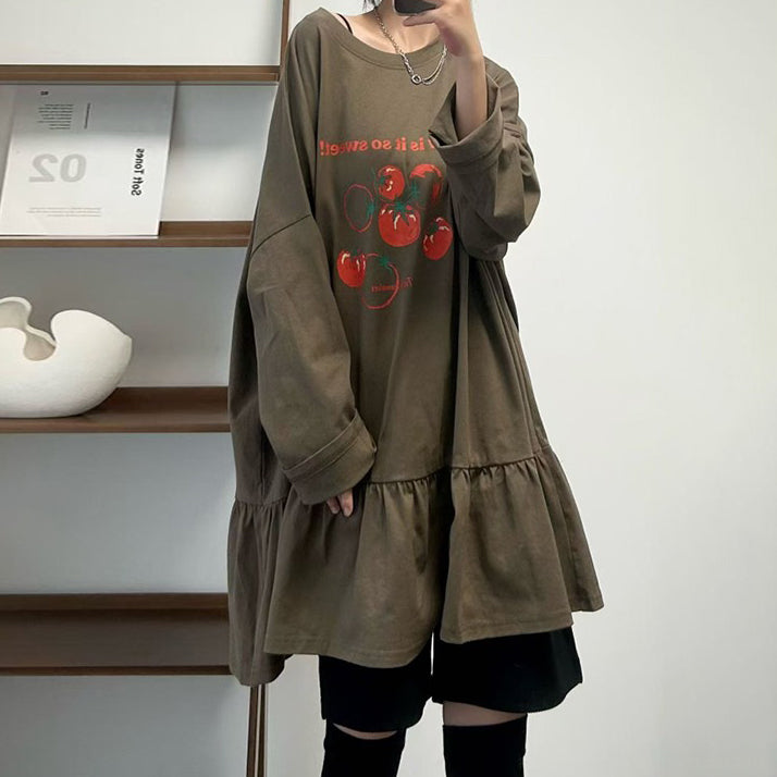 【トップス】ゆったり 丸首 長袖 Tシャツ コットン トマトプリント 切替【JZシリーズ】