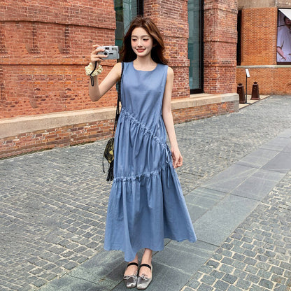 【ワンピース】夏新作 フレンチ気質 ギャザー＆リボンデザイン ノースリーブワンピース【SHシリーズ】