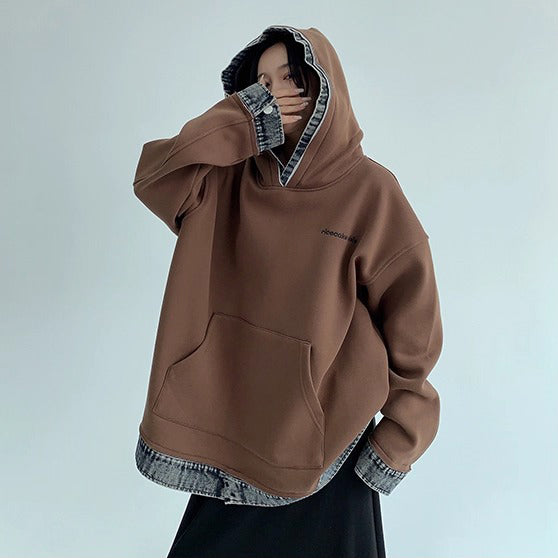 【トップス】春秋冬 配色デニム切り替え 裏起毛 パーカー ゆったり レディース【FCシリーズ】