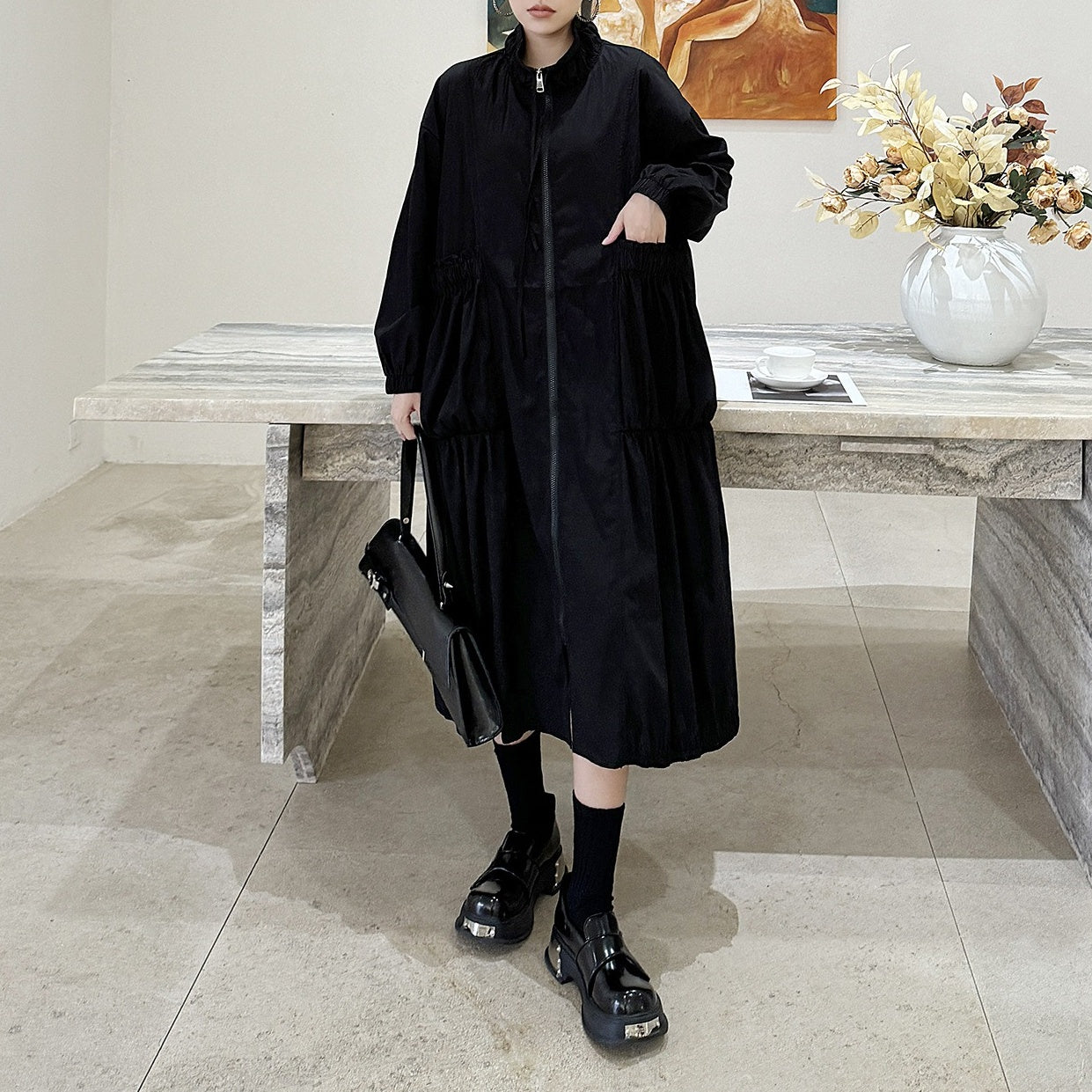 ワンピース】楽天人気アイテム レトロ シャーリング 長袖ワンピース