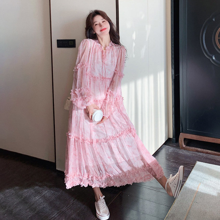 【ワンピース】フレンチ 花柄 長袖ワンピース｜上品 ティアード ロング丈｜ロマンチック ゆるシルエット 体型カバー 映えドレス【SHシリーズ】