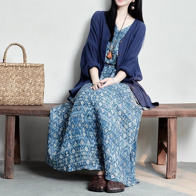 【ワンピース】Vネック レトロ プリント ノースリーブ ワンピース 【SHシリーズ】