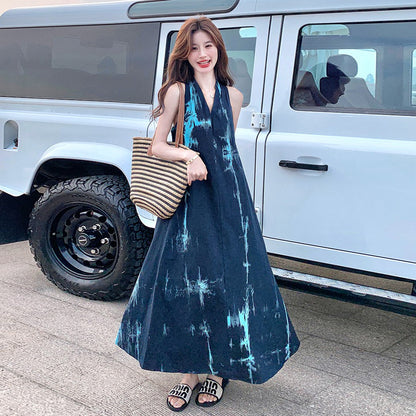 【ワンピース】夏新作 ブルータイダイ柄 ホルターネック ノースリーブワンピース エレガントリゾート風ロングドレス【SHシリーズ】