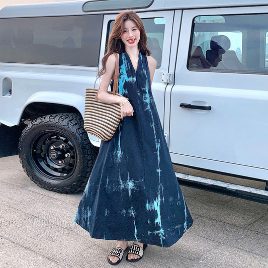 【ワンピース】夏新作 ブルータイダイ柄 ホルターネック ノースリーブワンピース エレガントリゾート風ロングドレス【SHシリーズ】