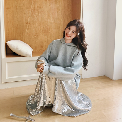 亮片連帽長洋裝｜學院風寬鬆長袖休閒連身裙【JZ系列】