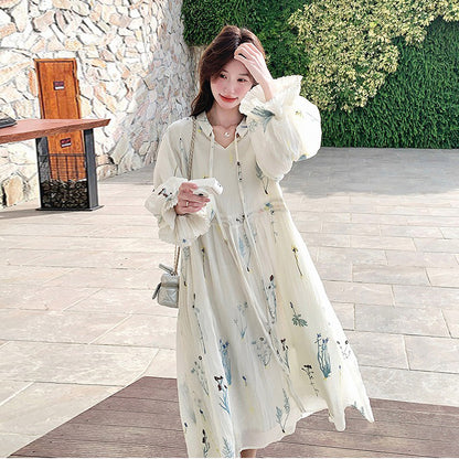 【ワンピース】独特で絶美なフレンチ風 花柄 長袖ワンピース 超人気 バルーンスリーブ リゾートロングドレス【SHシリーズ】