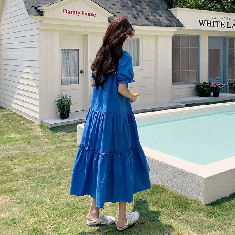 【ワンピース】高級感 パフスリーブ 夏 韓国風 ゆったり 細見え 半袖ワンピース