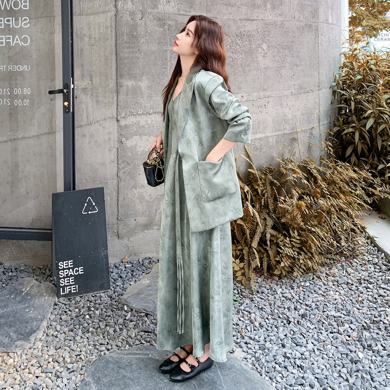 2点セット！【セットアップ】中国風 竹柄  レディース 秋新作 ジャケット＋キャミワンピース【SHシリーズ】