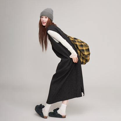 【ワンピース】ウール レディース 秋冬 ゆったりVネック 後ろスリット入り 体型カバー ノースリーブワンピース【JZシリーズ】