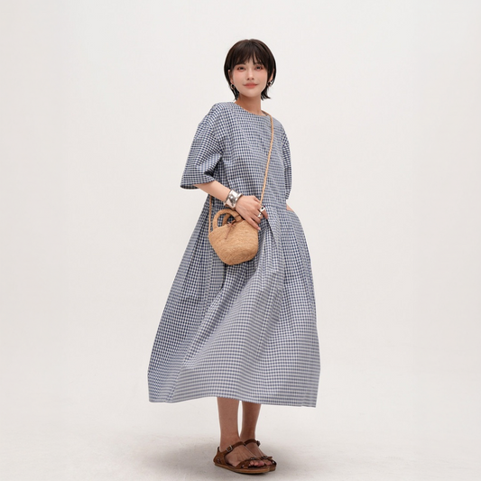 【ワンピース】チェック ラウンドネック 着痩せ Aライン ロングワンピース 【JZシリーズ】