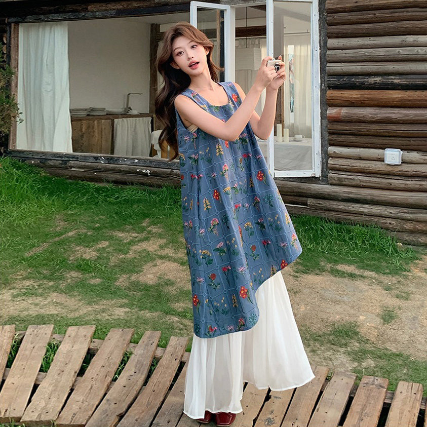 【ワンピース】フレンチ風エレガント お洒落配色プリント風フェイクレイヤード ノースリーブワンピース【SHシリーズ】