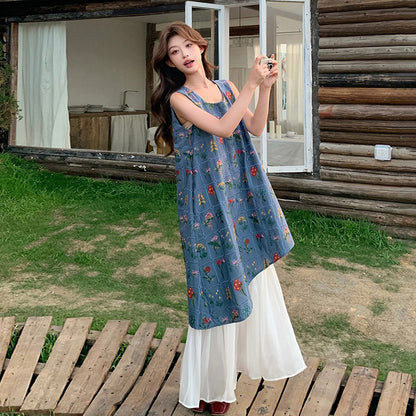 【ワンピース】フレンチ風エレガント お洒落配色プリント風フェイクレイヤード ノースリーブワンピース【SHシリーズ】