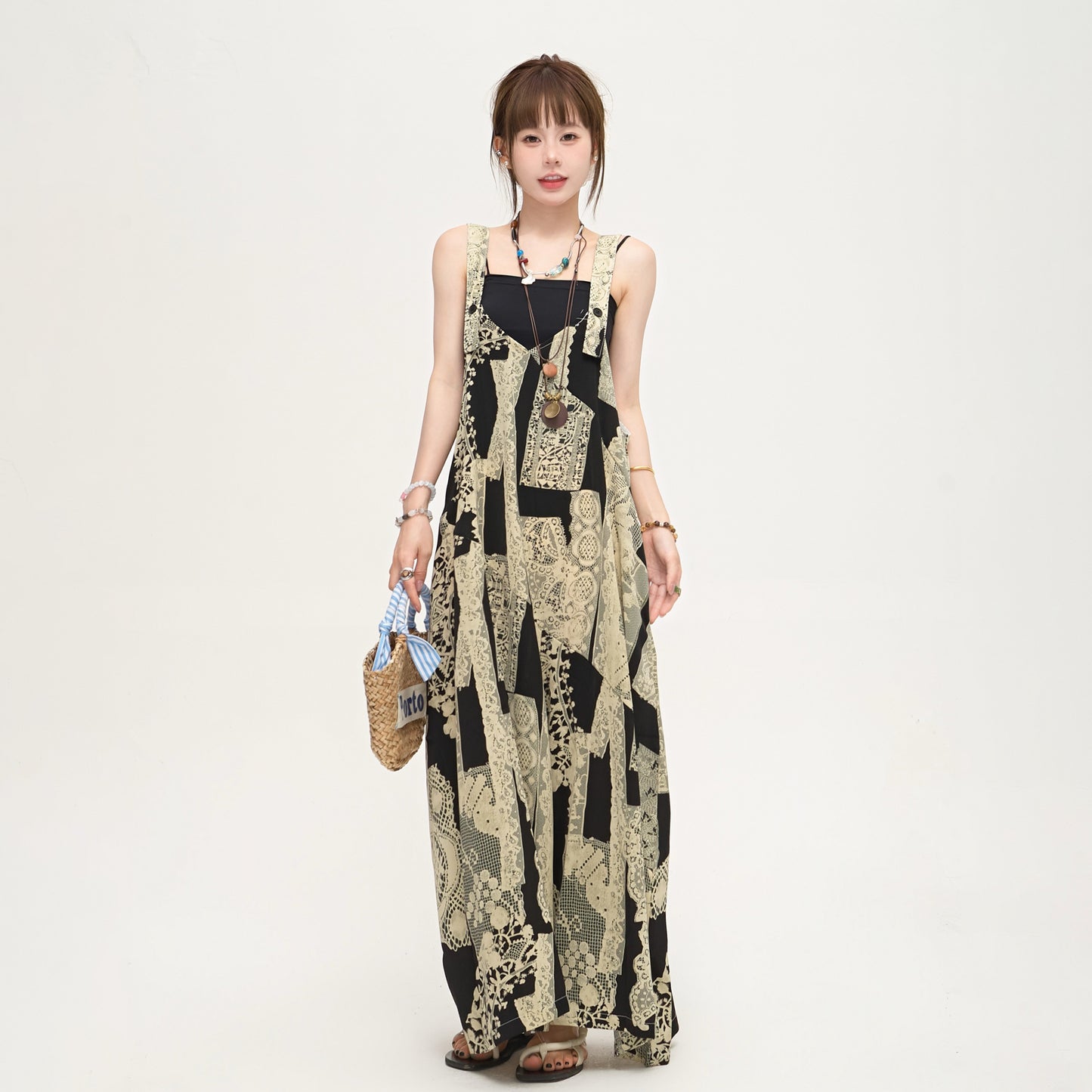 【ボトムス】ゆったりラフ感 オーバーサイズ サロペット 夏新作 アート水墨プリント ワイドパンツオールインワン【SHシリーズ】