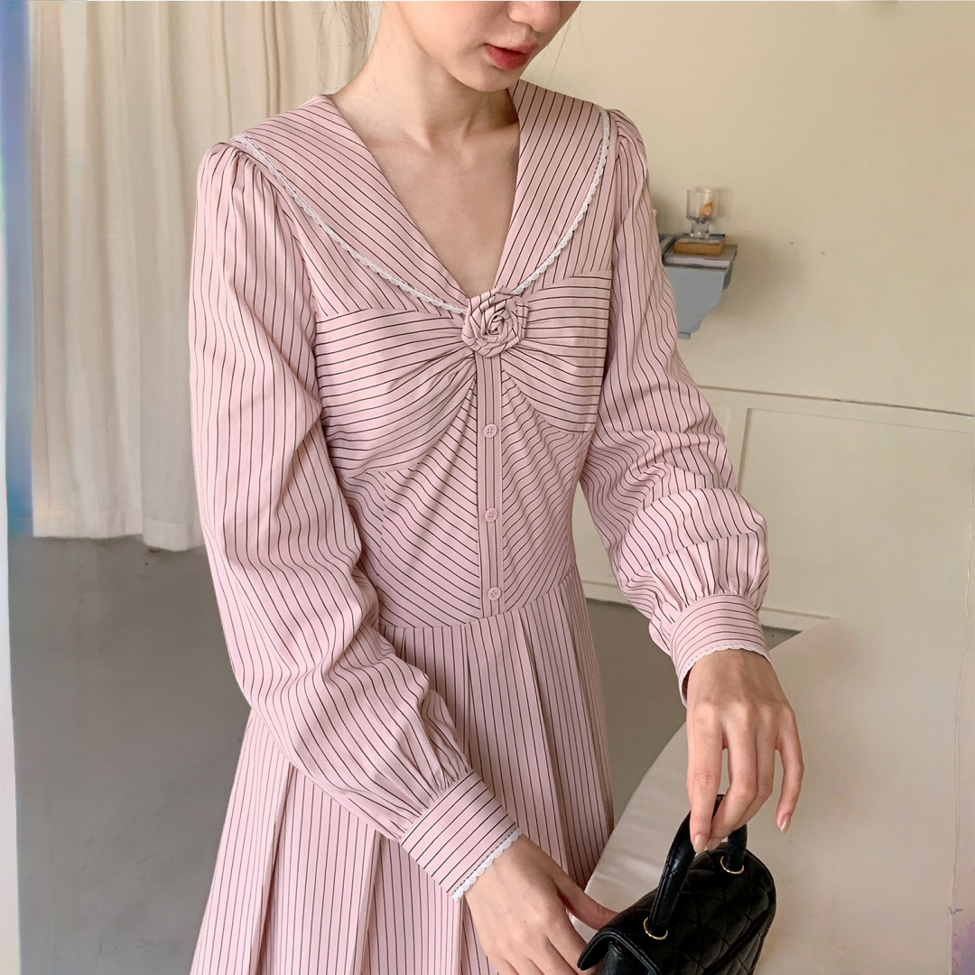 【ワンピース】春 秋 セーラーカラー ストライプ デザイン感 ロング丈 長袖 ワンピース 【JZシリーズ】