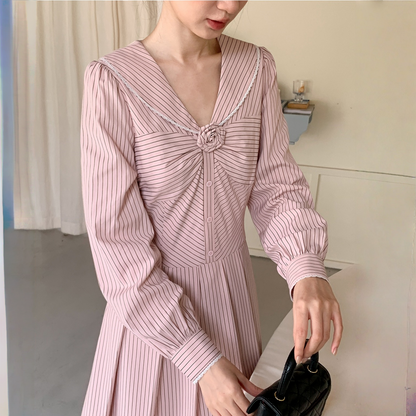 【ワンピース】春 秋 セーラーカラー ストライプ デザイン感 ロング丈 長袖 ワンピース 【JZシリーズ】