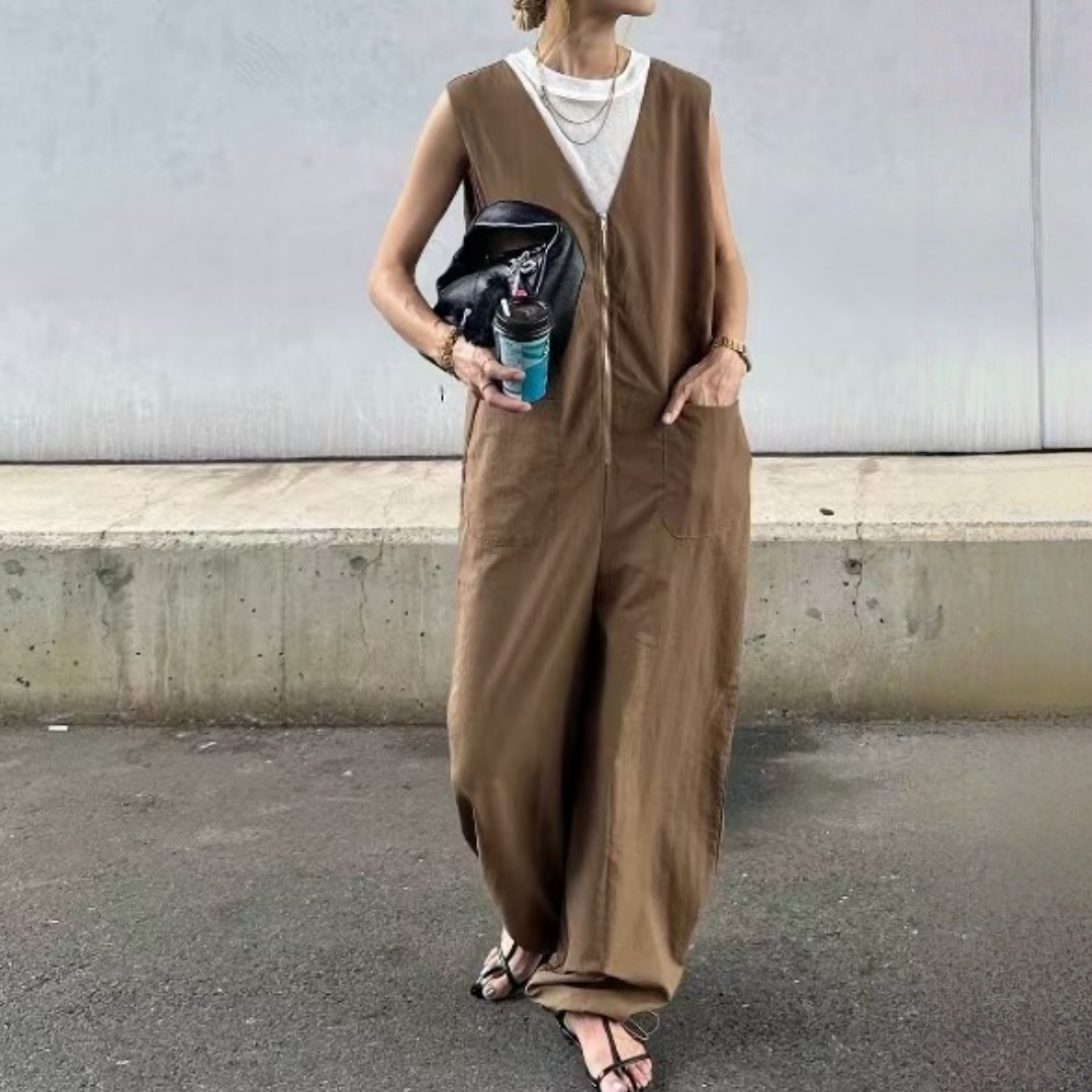拉鍊圓領連身褲｜夏季寬鬆顯瘦直筒連體褲女｜簡約氣質百搭連身褲【JZ系列】