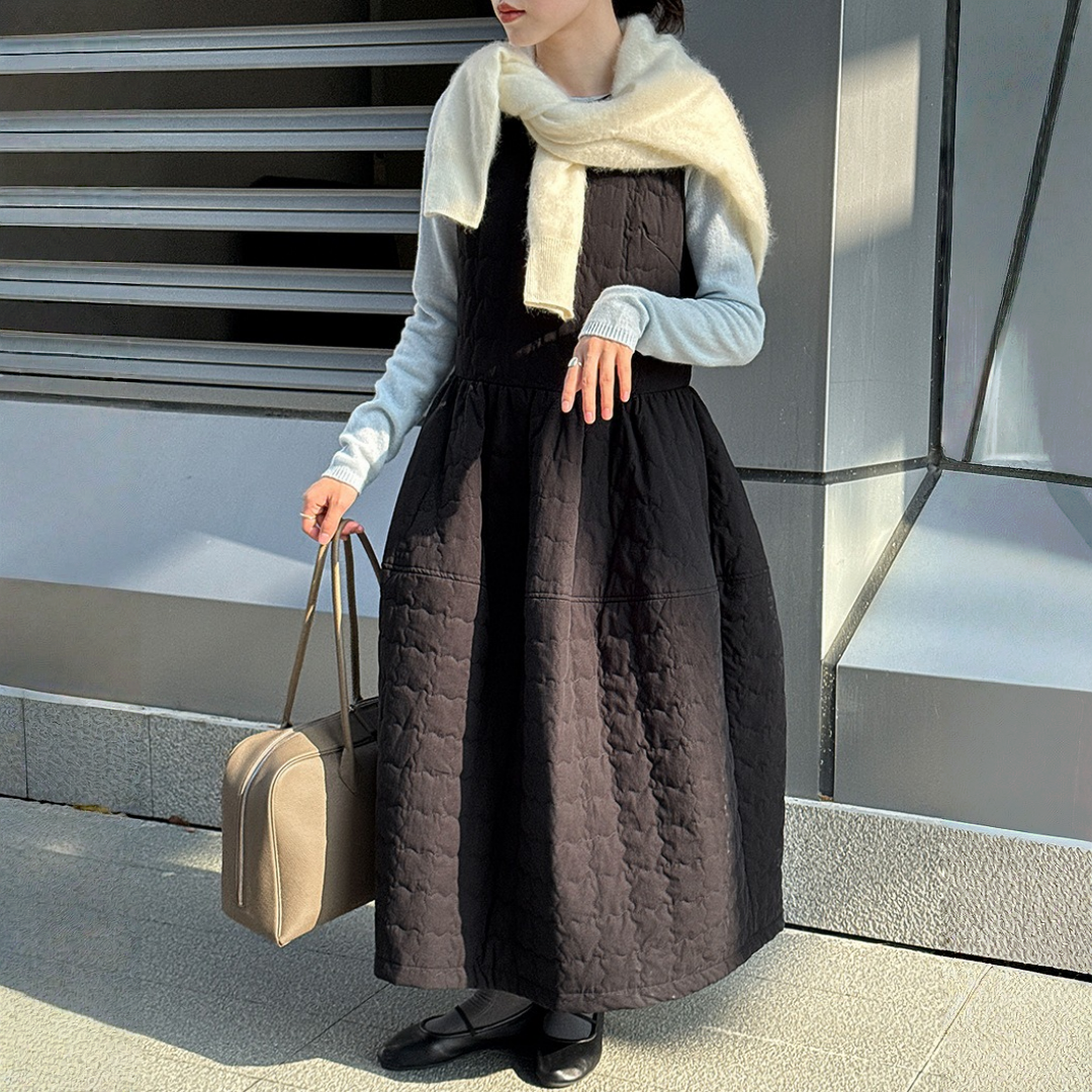 ワンピース】春 秋 冬 厚手 中綿入り リボン付き ゆったり ワンピース】春 秋 冬 厚手 中綿入り リボン付き ゆったり