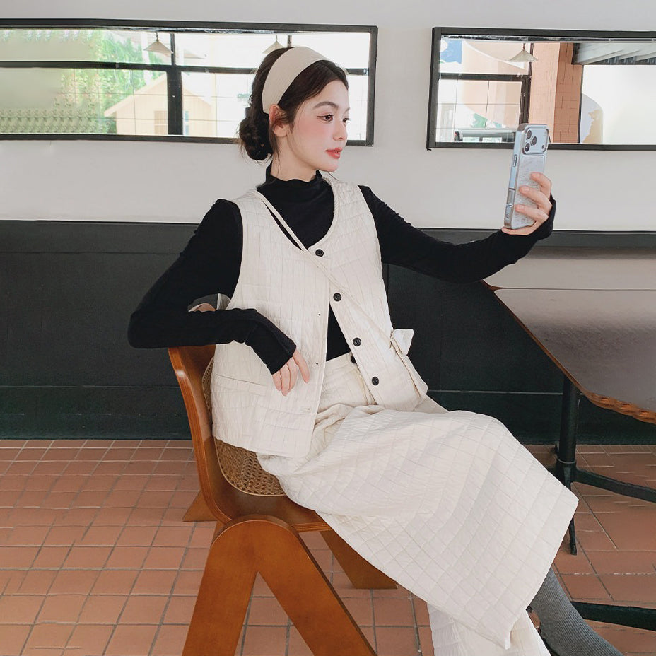 3点セット！【セットアップ】春新作 フェミニン×上品 グレー ベスト＋ワイドパンツ＋インナー 上下セット 通勤 オシャレ見え 大人可愛い【JZシリーズ】