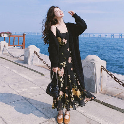法式復古碎花吊帶洋裝＋毛絨針織外套｜甜美優雅氛圍感穿搭【JZ系列】