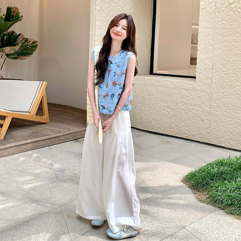 2点セット！【セットアップ】フレンチレトロ 重厚感フラワー刺繍 ノースリーブブラウス＋ワイドパンツ 上下セット【SHシリーズ】