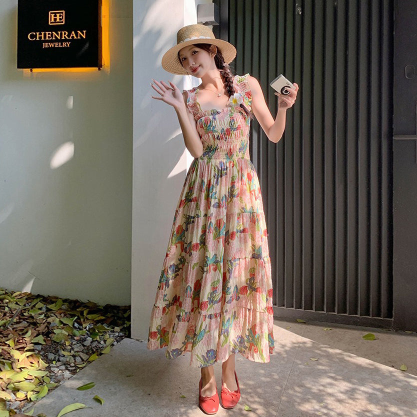 【ワンピース】夏 フレンチ風 スリム効果 ドーパミン 油絵プリント ノースリーブワンピース【SHシリーズ】