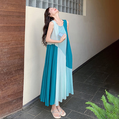 【ワンピース】夏新作 デザイナーズ風 上品 ノースリーブワンピース ハイウエスト 高見え配色 着痩せシルエット【SHシリーズ】