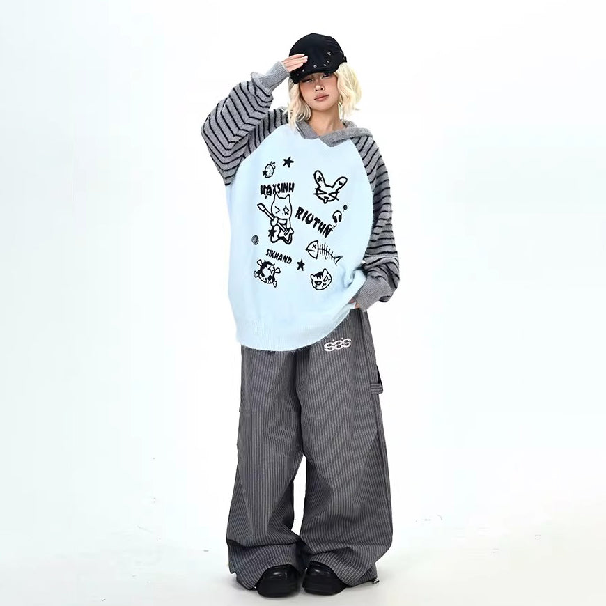 【トップス】ふわふわ カートゥーン柄 フード付きニットセーター レディース 新作 オーバーサイズ BF風 韓国風 ゆるニット【FCシリーズ】