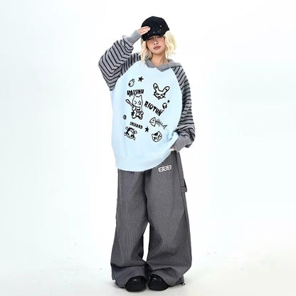 【トップス】ふわふわ カートゥーン柄 フード付きニットセーター レディース 新作 オーバーサイズ BF風 韓国風 ゆるニット【FCシリーズ】