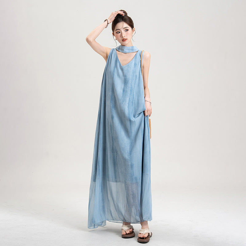 【ワンピース】セーヌ風 ブルーグラデーション ホルターネック シアーワンピース レディース 夏 ノースリーブ ロングドレス リゾートコーデ 大人可愛い 上品【SHシリーズ】