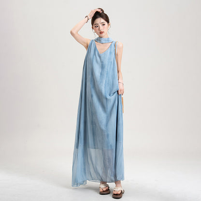 【ワンピース】セーヌ風 ブルーグラデーション ホルターネック シアーワンピース レディース 夏 ノースリーブ ロングドレス リゾートコーデ 大人可愛い 上品【SHシリーズ】