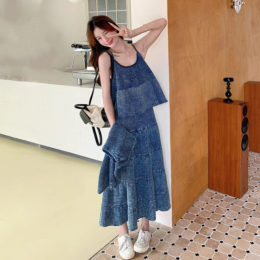 3点セット！【セットアップ】チェック柄デニムジャケット 3点上下セット レディース 春秋 大人可愛い 個性的 おしゃれスタイル【JZシリーズ】