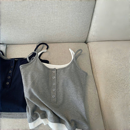 【トップス】夏 フェイクレイヤード パッド付き 着痩せ効果 タンクトップ 【FCシリーズ】