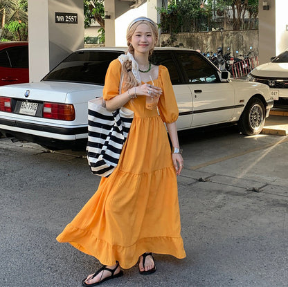 【ワンピース】韓国風 気質 美白効果 スタイルアップ 無地 半袖ワンピース 夏 スイートレディ風 リゾートコーデ