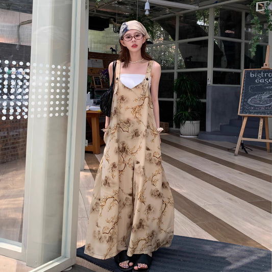 【ボトムス】夏 ゆったりカジュアル お洒落なアート風 山水画プリント ベージュ系オールインワン【SHシリーズ】