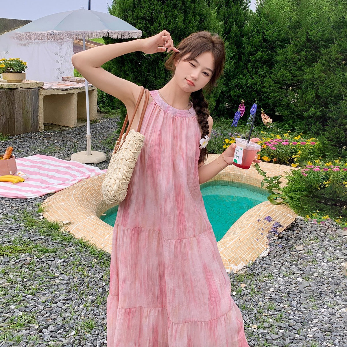 【ワンピース】夏 優しいフレンチ風 ゆったり グラデーション ノースリーブキャミソールワンピース【SHシリーズ】