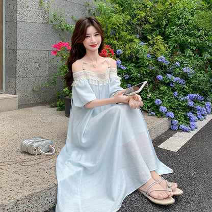 【ワンピース】ロマンチックバカンス風 ゆったりオフショルダー フリンジ ノースリーブワンピース