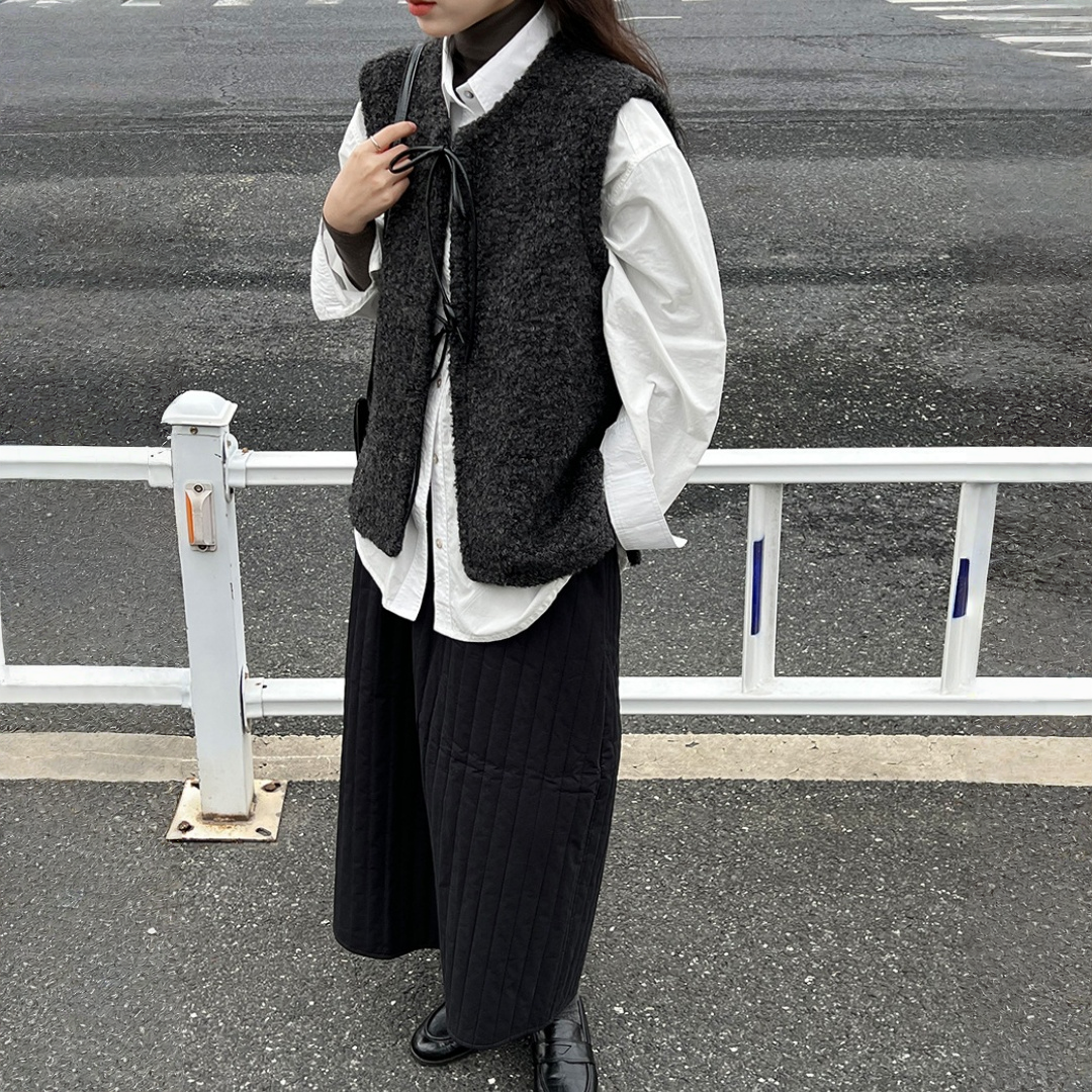 【トップス】春 秋 冬 コーデュロイ風レザー レースアップ ベスト  【JZシリーズ】