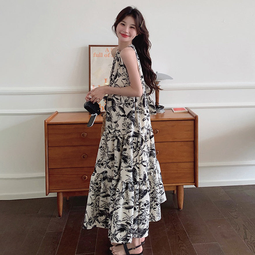 【ワンピース】夏新作 フレンチチャイナ 水墨花柄 ハイネック ノースリーブワンピース【SHシリーズ】