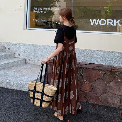 【ワンピース】韓国風ファッション カフェブラウン小花柄 ノースリーブキャミワンピース【SHシリーズ】