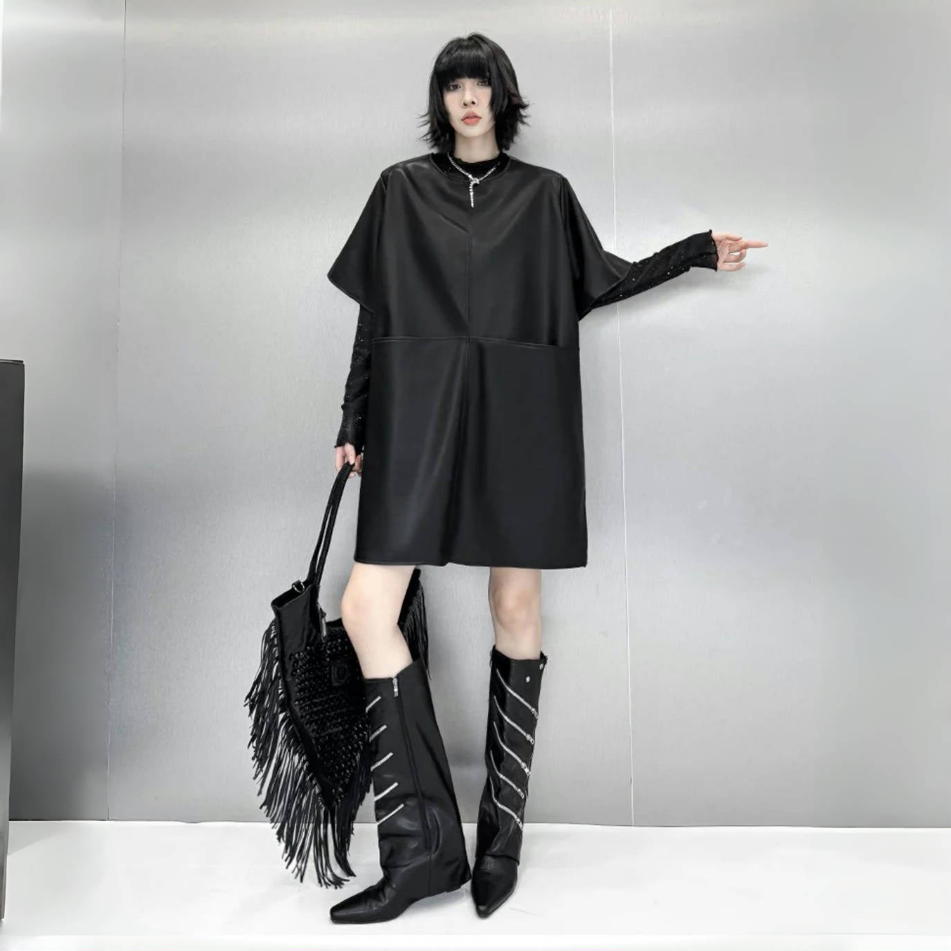 【25SS】【ワンピース】切り替え PU 半袖 ワンピース 【AHシリーズ】