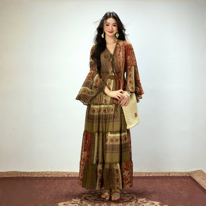 【ワンピース】春 秋 夏 ジプシーガール風 デザイン感 フレアシルエット 長袖 ワンピース 【SHシリーズ】