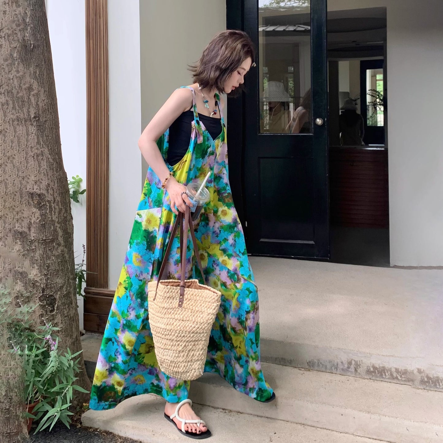 【ボトムス】夏新作 清涼感Vネック ゆったりワイドシルエット オールインワン【SHシリーズ】