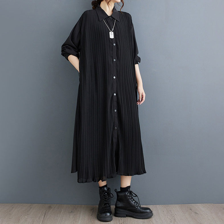 【ワンピース】ダーク系 無地 切替 プリーツ 長袖 シャツワンピース ゆるシルエット 垂れ感【AHシリーズ】