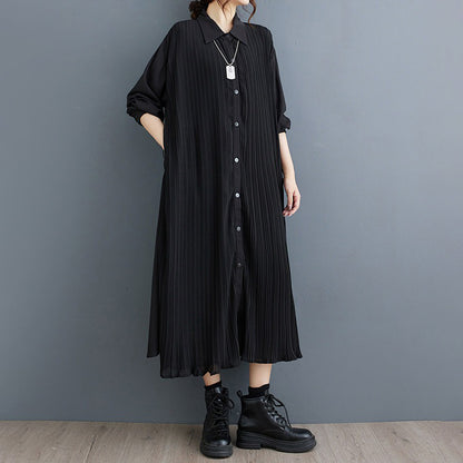 【ワンピース】ダーク系 無地 切替 プリーツ 長袖 シャツワンピース ゆるシルエット 垂れ感【AHシリーズ】