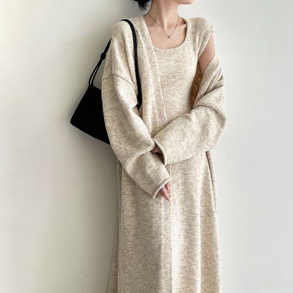 【セットアップ】ふんわりウールワンピース＋ニットカーディガン レディース 秋冬新作 厚手ロング丈セットアップ【JZシリーズ】