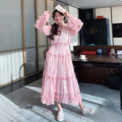 【ワンピース】透かし編み 水墨画風花柄長袖ワンピース レディース 春秋 トレンド 超可愛い【SHシリーズ】